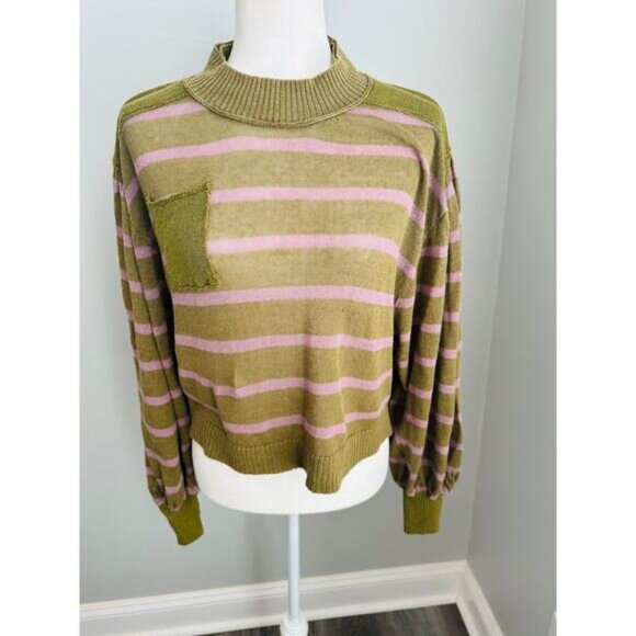 Free People Sweaters - Free People Between The Lines Stripe Women’s Sweater Crop Green Pink M Boho